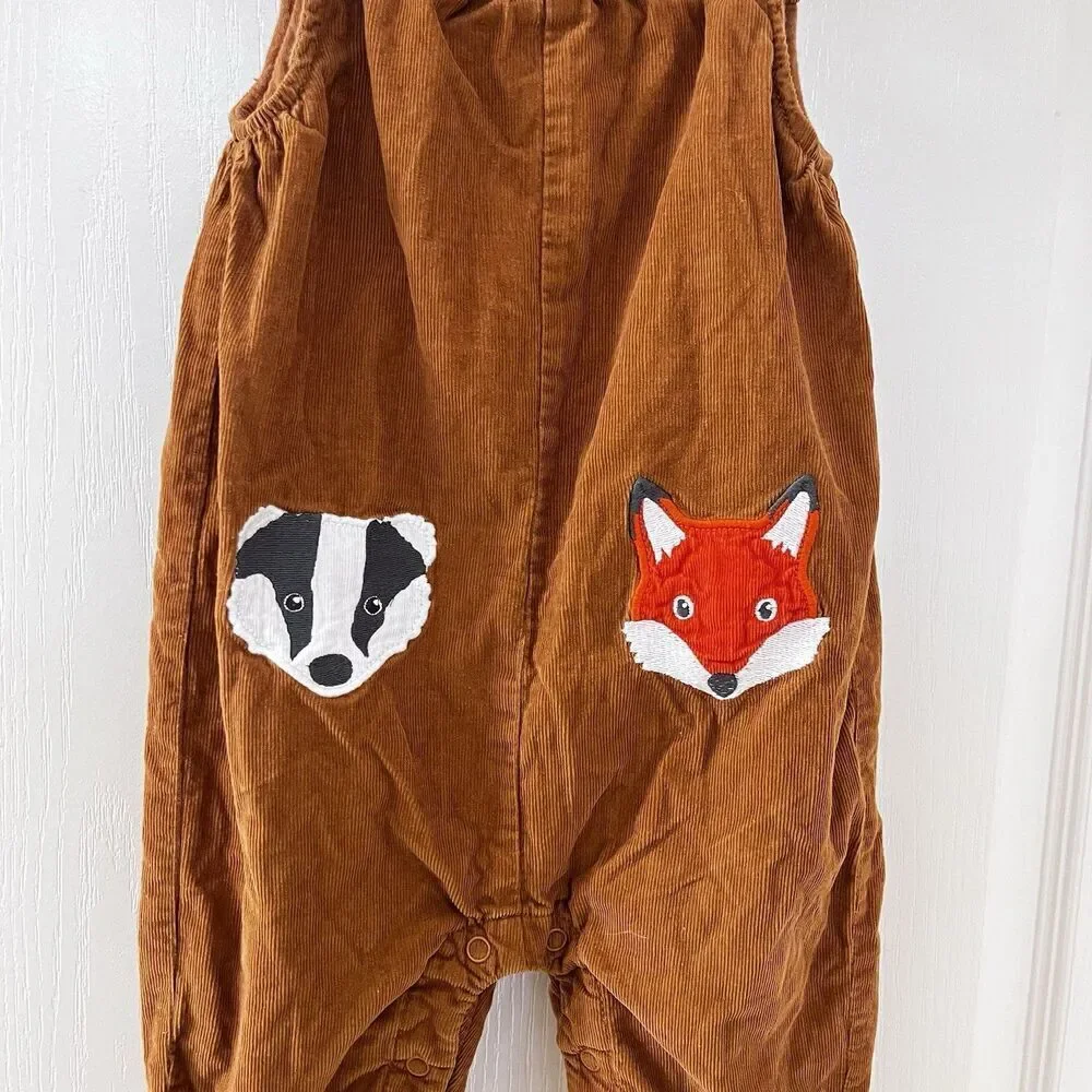 Baby Boden Badger Fox Applique Brown Corduroy Dungaree Overalls SZ 18-24 Months